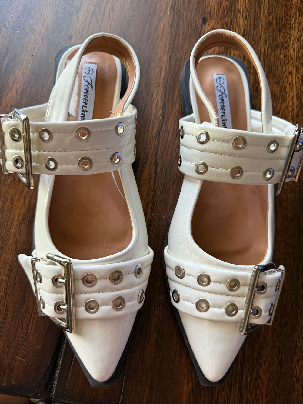 Forever Link White Pointed-Toe Buckle Slingback Mules